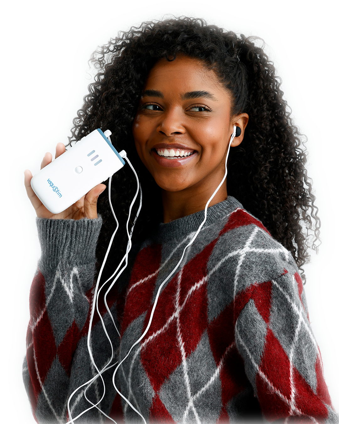Woman holding a VNS device