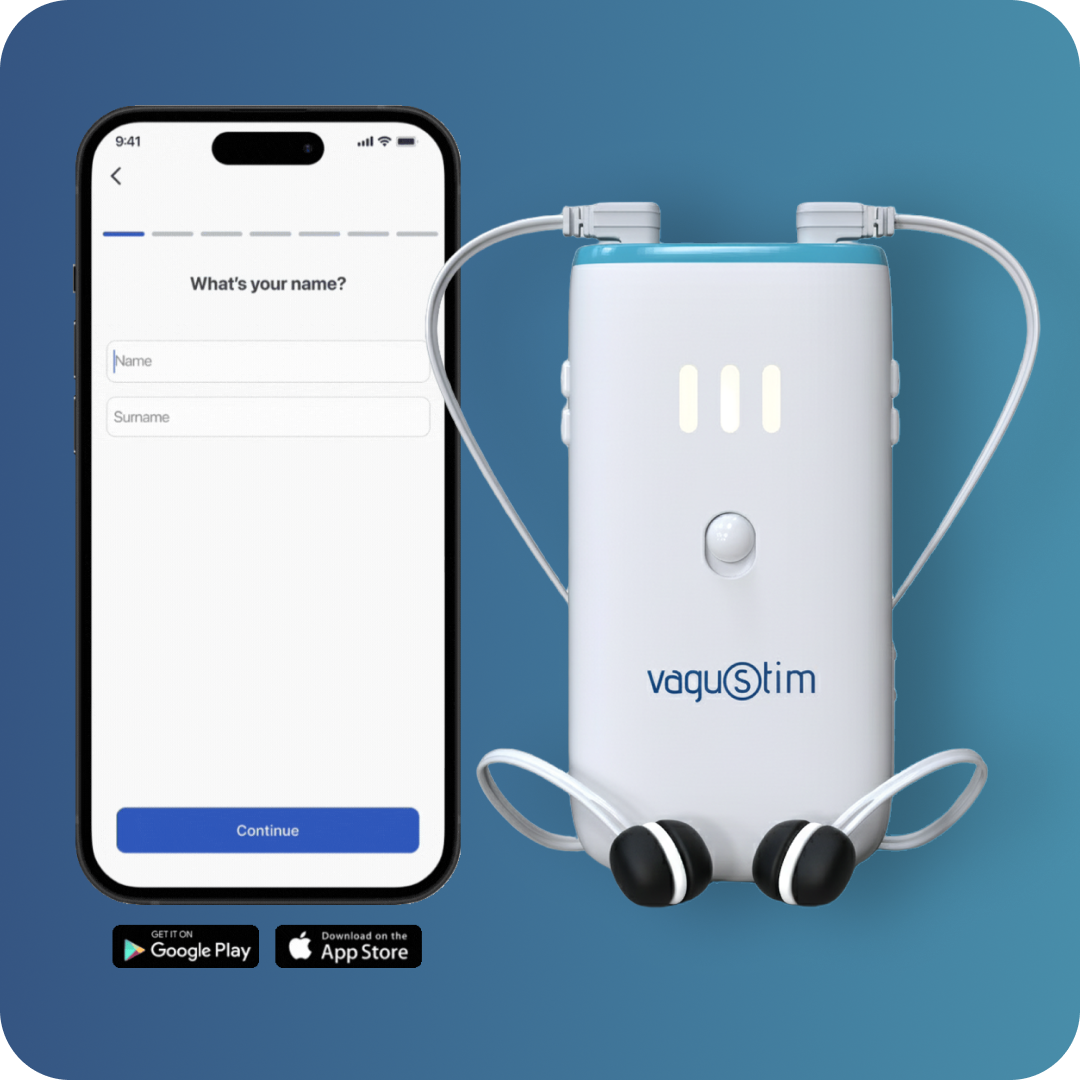 Vagusim device with smartphone displaying app interface 