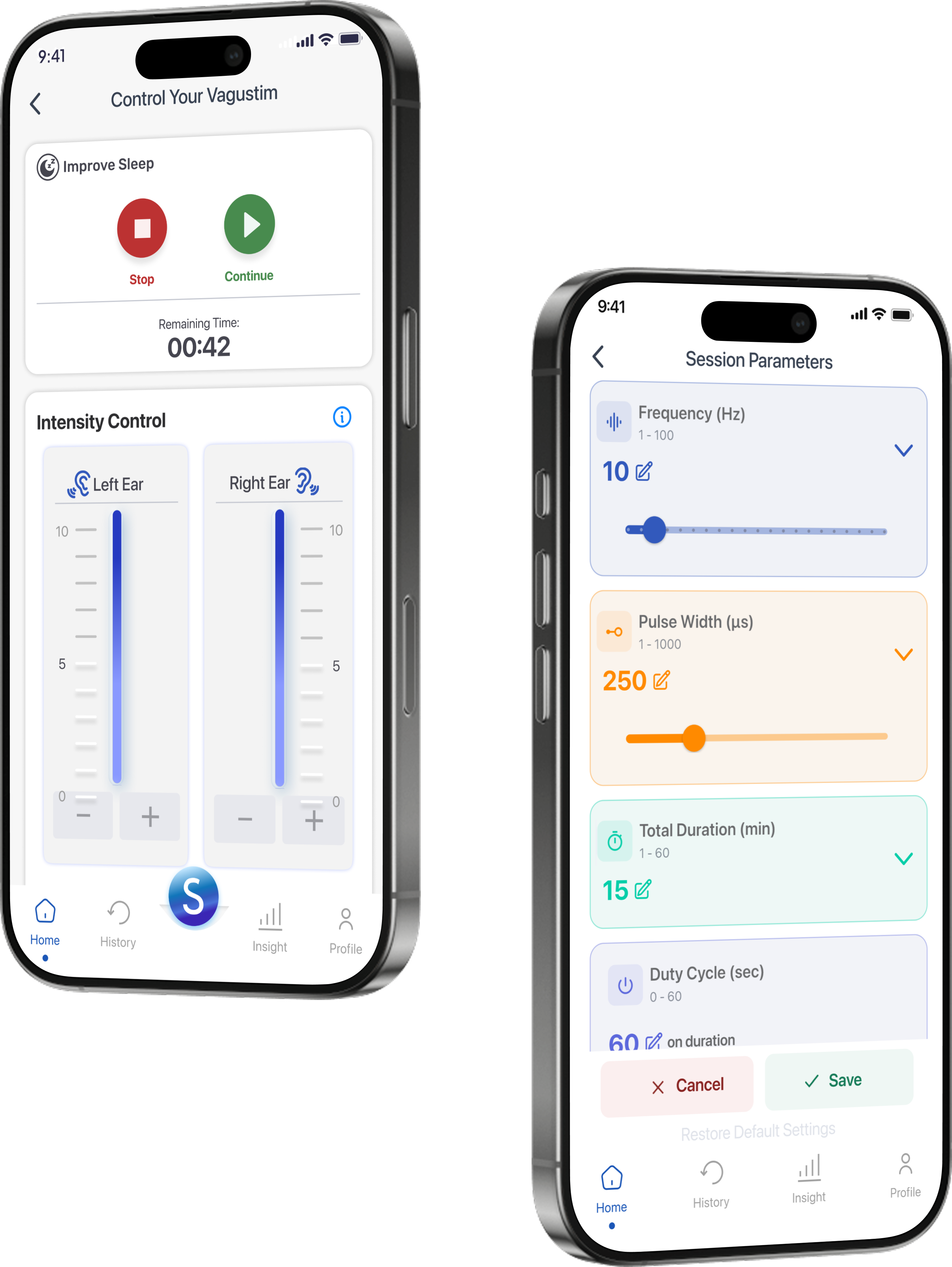 Two smartphone screens displaying an app for controlling vagus nerve stimulation with various settings.