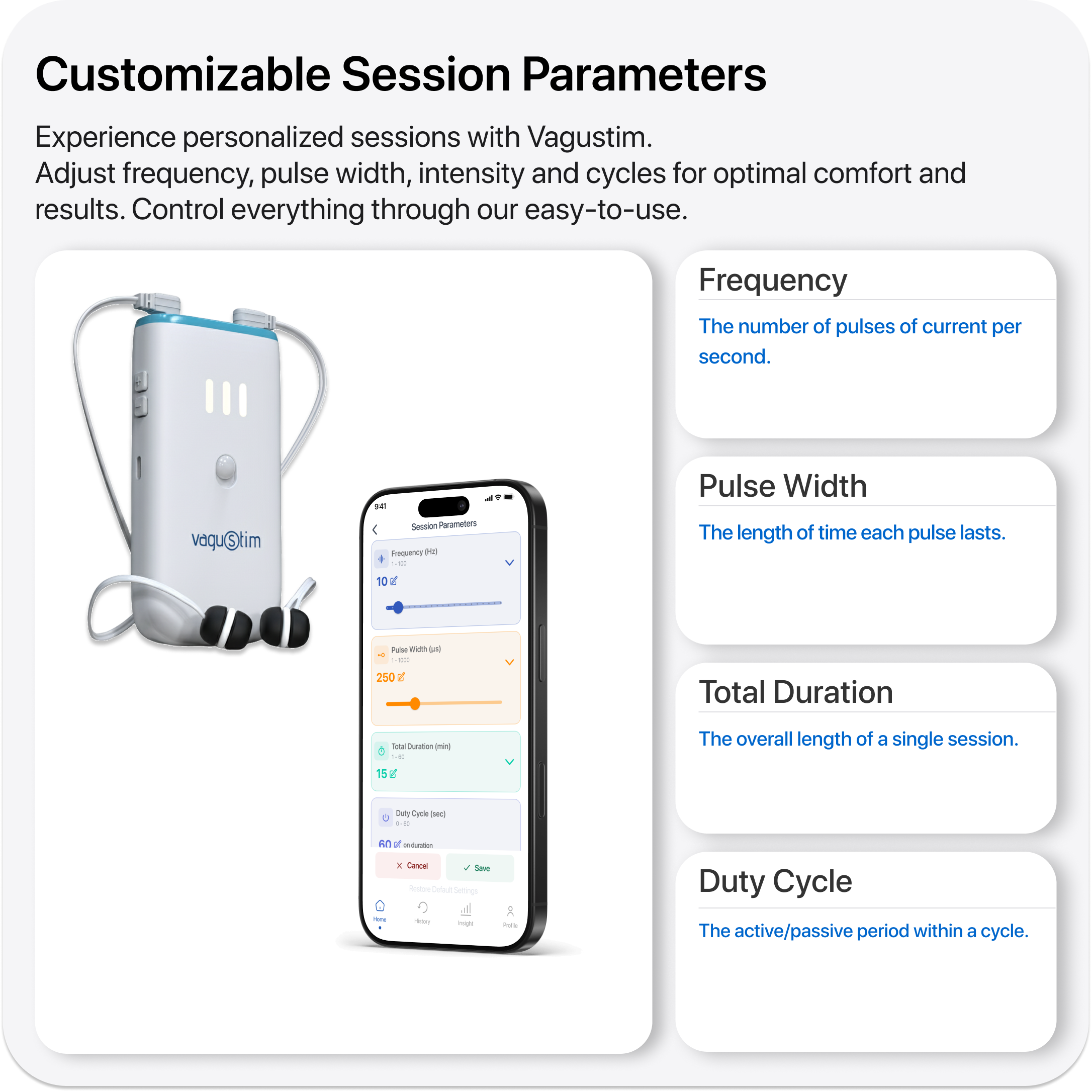 Vagustim device and smartphone app features