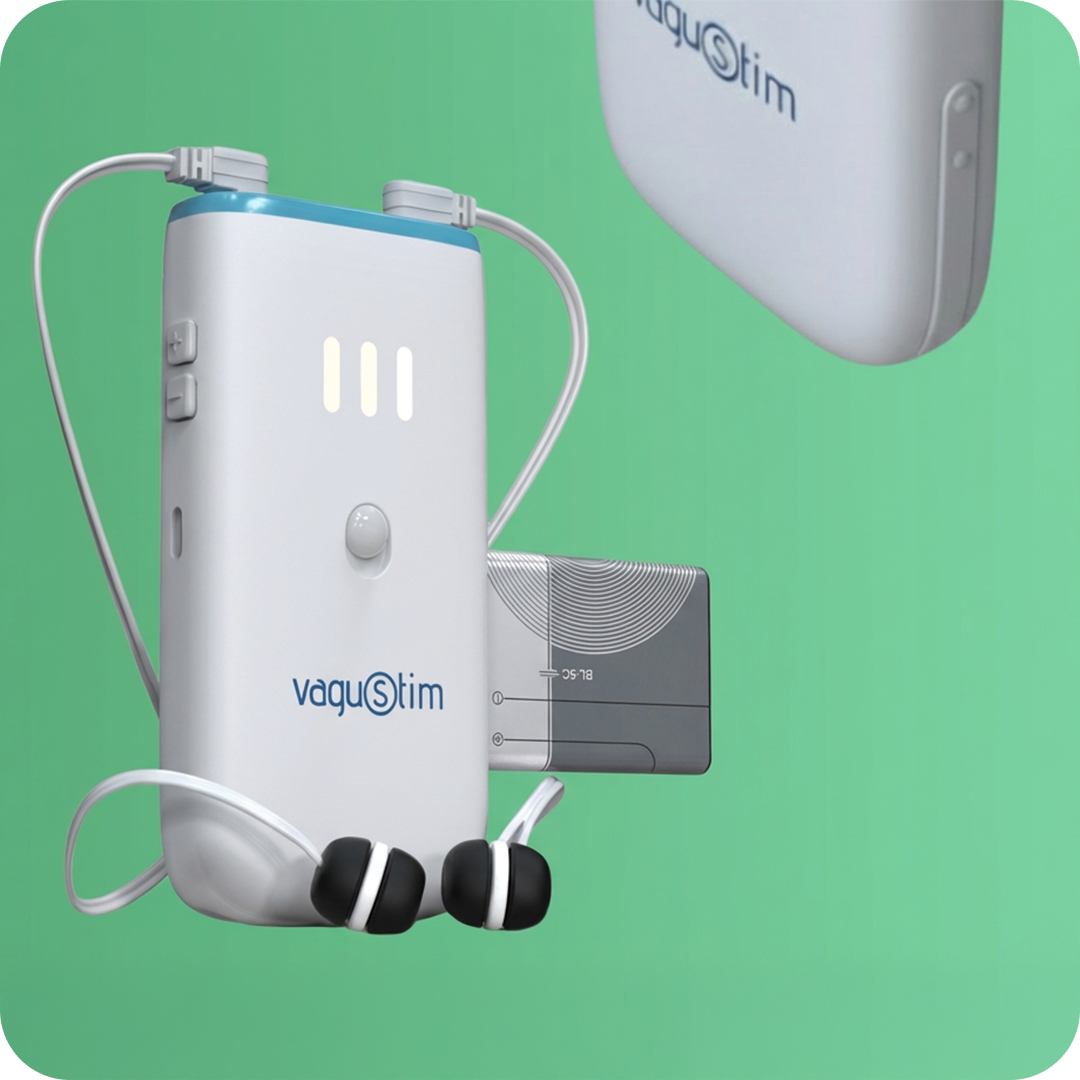 vagustim device with earpieces on a green background